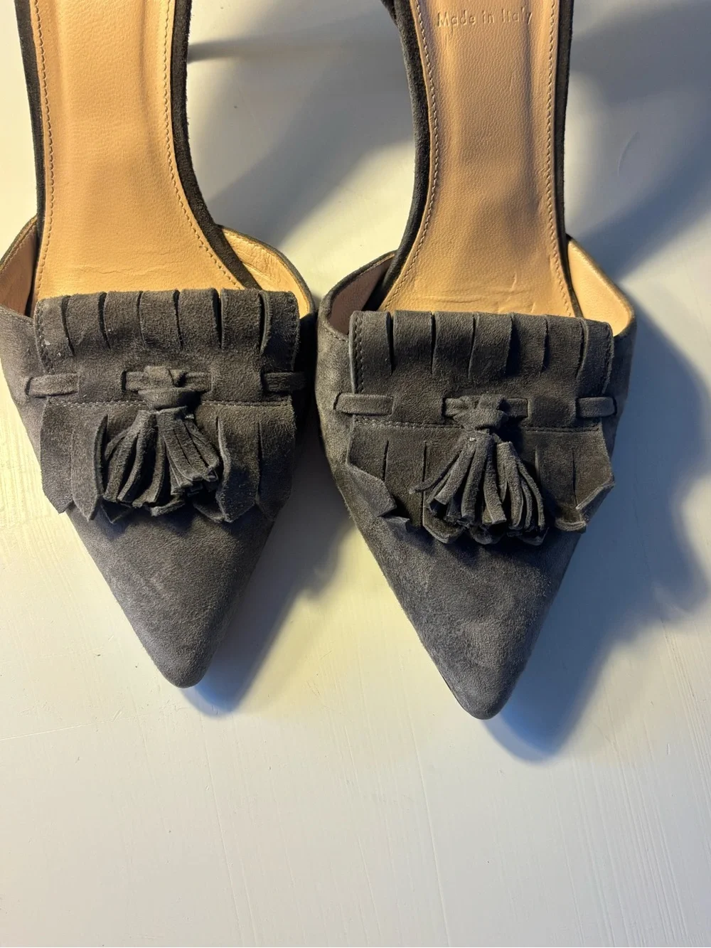 J. Crew Gray Suede D'Orsay Pointed-Toe Heels with Bow